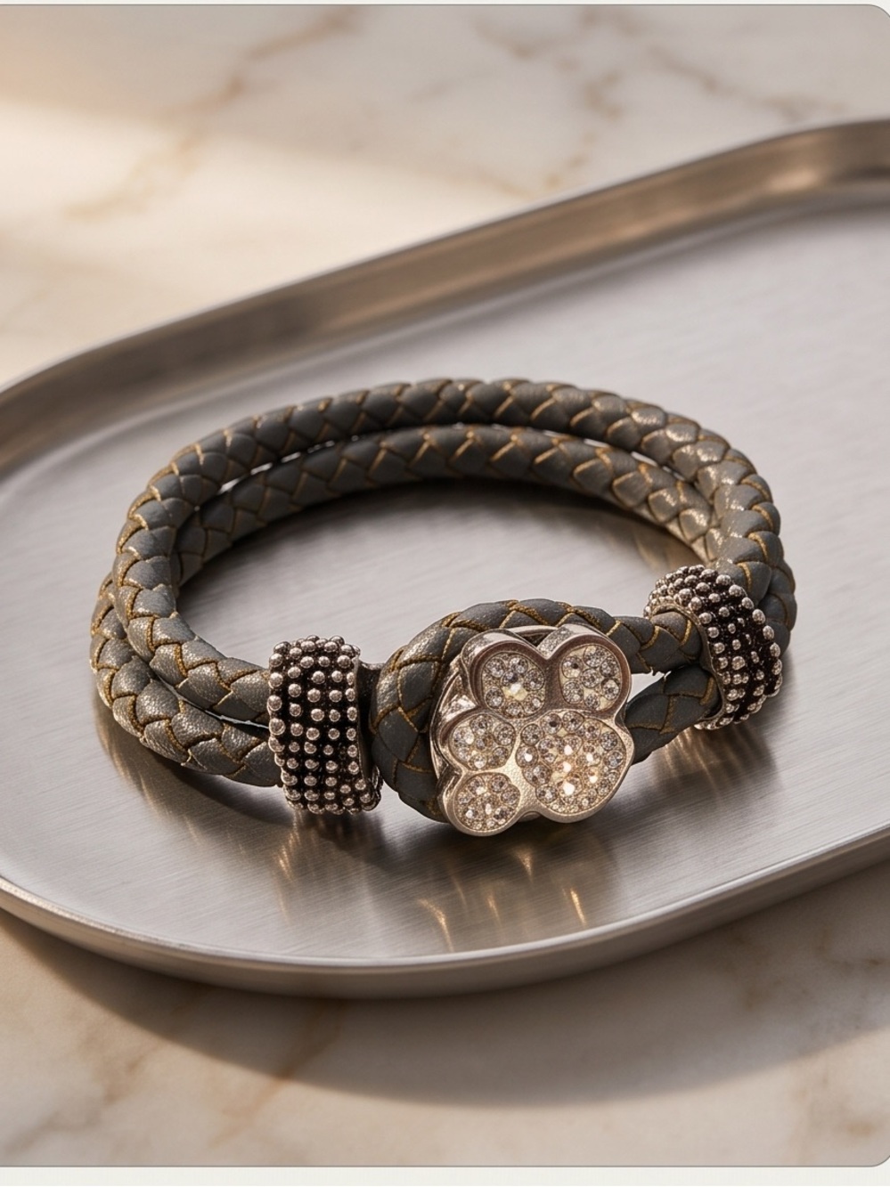 Gray Leather Braided Bracelet With Snap On CZ Paw Print Unisex NWOT